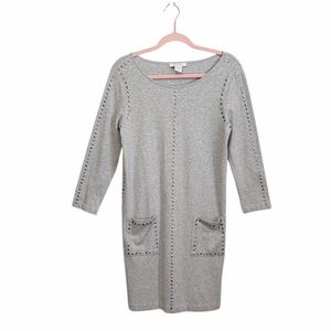 JOAN VASS  WOMENS EMBELLISHED GRAY SHIFT DRESS STUDDED LONG SLEEVE DRESS MEDIUM
